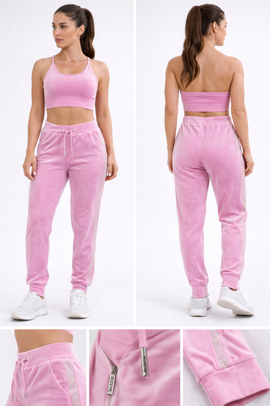 Juicy Couture Jogger Pants Womens Large Pink Velour Rhinestone Side Stripe